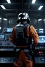 Placeholder: Star Wars Imperial Agent with a dark cap on his head, operating security console with flashing lights, warehouse background. Star Wars, scifi fantasy, ultra-realism, 8k UHD