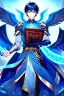 Placeholder: a person in runic armor with blue wings, blue short hair, runic tattoo and spell book, male