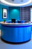 Placeholder: A circular blue reception desk with three chairs