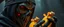 Placeholder: close up on face of ninja necromancer in the wild, raising glowing raven skeleton rat babies