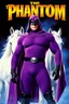 Placeholder: Movie Poster - ((("THE PHANTOM"))), extremely thick, muscular, 6'6'' 18-year-old Billy Zane with extremely exaggerated muscles as the Phantom, long-sleeved, textured, padded purple cotton bodysuit with skintight, formfitting textured purple cotton cowl with ((black eye mask)) and widow peak, black gloves and wrist gauntlets, black boots, double holstered utility belt, skull-shaped belt buckle, glowing, white eyes, standing next to his white horses, captured in a breath-taking explosion of color