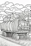 Placeholder: coloring page, flatbed wagon carrying hay, cartoon style, thick lines, low detail, no shading