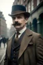 Placeholder: A Victorian-era detective, male, monocle, detailed, hyper realistic, mid-40s, handlebar mustache, tweed suit, standing in a misty London street,