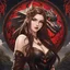 Placeholder: Icon or avatar. An arrogant looking young woman with pale skin and long brown hair in an outdoor fantasy setting with intricate details with a dragon flying in the far distance. She is smirking, wearing black and read leather, has red eyes, an air of malevolent power surrounds her. Anime style. High definition.