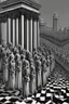 Placeholder: columns of gray men on the march toward sterility and self destruction; optical art; black and white with 50 shades of grey