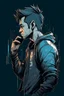 Placeholder: man, profile, cyberpunk, holding a cellphone, comic book art style, geek, engineer, t-shirt, jeans, drug addict, hoodie,