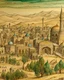 Placeholder: A tan town made out of stones designed in cave paintings , a mosque with minarets in the middle painted by Van Gogh