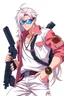 Placeholder: male cyberpunk solo with long hair tail, Norwegian, Wearing Leisureware and mirrored sunglasses, armed with heavy pistol, lean, nice, Anime Style, Retroanime, Video Game Character