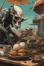 Placeholder: abstract and obsurt scene of an astraunot in the desert drinking tea at a round table, an ice cream stand in the background, broken tricycle,.dead fish, black crow, a cow and a skull, hyper realistic, 8k quality, striking colours, chaos80,