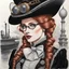 Placeholder: detailed pen drawing of a athletic petite pale russian redhead woman 30yo, long eye lashes, eye shadow, eye liner, Wearing A victorian Dress and top hat with goggles by an air ship