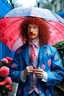 Placeholder: kind sailor, man, red curly hair, long jacket, pink-azure clothes, pink-azure cocked hat, white floral pattern on the jacket, flower in the hair. Pink and blue umbrella.