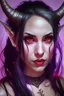 Placeholder: A portrait of a beautiful young female tiefling bard with deep red skin, fiery glowing eyes. A pair of symmetrical horns are protruding from her forehead. She has long black hair tied up in a ponytail and sidebangs.