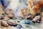 Placeholder: Clouds, rocks, cliffs, rocky land, sci-fi and fantasy, beyond and trascendent, 90's sci-fi movies influence, john singer sargent watercolor paintings