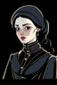 Placeholder: A portrait of a 30-years old aristocrat woman from XV century in strict dark clothes, authoritative, cold, emotionless, in the style of Genndy Tartakovsky's cartoons, no headdress