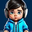 Placeholder: Cute cartoon style of a baby boy with headphones, wearing an blue hoodie with the name "Javier " black jeans grey eyes and brown hair, typography, illustration, painting, poster, 3d render, anime, fashion, cinematic, product