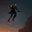 Placeholder: a soldier jumping off of an airship, over a battlefield at night