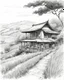 Placeholder: in a tea plantation , a cottage in the tea plantation hill side, pen line sketch Inspired by the works of Daniel F. Gerhartz, with a fine art aesthetic and a highly detailed, realistic style