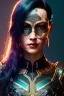 Placeholder: Cyborg warrior, waist up portrait, 8k resolution, intricate details, ornate details, soft lighting, vibrant colors, retroanime, masterpiece, intricate eyeliner, dark eyeshadow, eyes, facepaint, wild hair, intricate tattoos, jungle background, blue hair