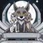 Placeholder: digital art front in picture an of little dark brown catlike creature with big ears, big eyes stands medium close and looking an anthropomorphic wolf couple sitting on the spaceship's ramp close together, the pale gray body hair female wolf sits behind strong male wolf and touths one paw on the dark gray body hair man wolf's shoulder, raini day, on ramp a little piece of meat lies down, high contrast, high detalied, high realistic, in background detail of an angular spaceship visible. Rain