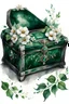 Placeholder: watercolor drawing of a dark green chest with emeralds and flowers and white lace, on a white background, Trending on Artstation, {creative commons}, fanart, AIart, {Woolitize}, by Charlie Bowater, Illustration, Color Grading, Filmic, Nikon D750, Brenizer Method, Side-View, Perspective, Depth of Field, Field of View, F/2.8, Lens Flare, Tonal Colors, 8K, Full-HD, ProPhoto