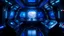 Placeholder: Dark spaceship interior with glowing blue and purple lights. Futuristic spacecraft with large window view on planets in space and control panels. 3D rendering. Pro Photo
