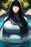 Placeholder: a beautiful woman, long curly black hair,closed eyes,coming from beneath the water,braking the surface with her face just coming out the water,looking up symbolism for breaking free. realistic,8k quality, action close shot from areal view,highly detailed , chaos 80