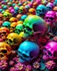 Placeholder: a field of skulls growing from the ground like fungus, multi colored, bright, vivid, psychedelic high detailed, matte, bunches and bubbled up clumps, horrorcore, vines, unsettling contrast