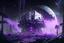 Placeholder: Futuristic Settlement, White Building, Alien Planet, Corrupted Forest, Dense Purple Fog, Dead Soil, Black Night Sky, Stars, Space, Distant Planets