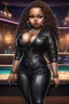 Placeholder: Create a digital airbrush chibi cartoon of a black plus size female wearing a black leather suit with black heels. Prominent make up with brown eyes. Highly detail black shiny locs that flow down her back. Extra-long diamond hoop earrings and jewelry. Background of a night club with a pool table behind her