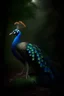 Placeholder: A magnificent (((peacock))), adorned in intricate ((Victorian clothing)), with its gaze fixed solemnly ahead, standing ominously against a backdrop of a (dusk-filled forest)