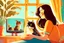 Placeholder: beautiful brunette woman watching tv with a cat, children's book illustration in style of Brigette Barrager, Sven Nordqvist and Nicole Rubel in sunshine