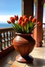 Placeholder: Etruscan urn holding tulips on a wooden porch with a view of the sea in the background