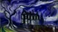 Placeholder: A dark purple haunted mansion with ghosts in a thunderstorm painted by Edvard Munch