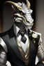 Placeholder: A silver Dragonborn from dnd wearing a tuxedo