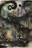 Placeholder: Liminal Dreamscape nightmares; Primitive Art; Ink Wash; Black With Iridescent Pastels