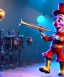 Placeholder: mechanoid clown playing jazz with a steampunk theme, trumpet, realistic