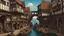 Placeholder: gothic medieval wooden harbour with piers and ships, people, shops, bridges, arches, balconies, taverns, blue sky