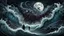 Placeholder: gentle, protective monsters, evil people, random background random, deep dark color, , moon, mist, rain, highly detailed, a wave , surreal dark fantasy mood style like T. Burton
