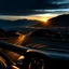 Placeholder: night time, a car dashboard lighting up, a dark mountain road in the windscreen, with a beautiful city in the distance, rising sun, photo quality