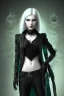 Placeholder: plauge doctor in balck leather clothes with silver hair, pale skin and bright green eyes smiling with sharp teeth, nice young face