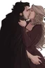 Placeholder: Couple from dnd passionate kiss, woman with white hair wearing a dress, man with long black hair tunic and red cloak.