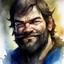 Placeholder: dnd, fantasy, watercolour, large strokes, stylistic, portrait, illustration, dull colours, male, face, sturdy wide face, weathered face, sly, violent, evil, smiling