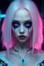 Placeholder: Cute sexy vampire email albino detailed large eyes with neon fluorescent colored eyes pink and blue, 8k, finely detailed, dark light, photo realistic, cyberpunk gothic emo girl ,award-winningorror, nightmare, insane graphics, perfect lighting in shadow