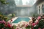 Placeholder: a luxury villa yard with pool in center and pretty plants trees flowers, morning mist, lost paradise atmosphere,a pretty model lady in victorian clothing resting in a comfort far in villa yard in flowers .