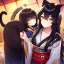 Placeholder: cat girl, masterpiece, best quality, volumetric lighting, detailed outfit, perfect eyes, black hair, golden eyes, long hair, tail, kimono,