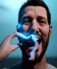 Placeholder: Realistic image, waist up view, a guy making the fuck you gesture with his hand, blue smoke coming out of his eyes, nose and mouth. Happy, smile, soft color, highly detailed, unreal engine 5, ray tracing, RTX, lumen lighting, ultra detail, volumetric lighting, 3d, finely drawn, high definition, high resolution.