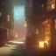 Placeholder: cyberpunk slums houses scifi alleyway shop robot interior