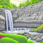 Placeholder: cascading waterfalls, Norway, colored pencil drawing, realistic, serene, landscape, detailed