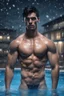 Placeholder: hyper realistic extremely shirtless muscular handsome short black hair men in a swimming pool at snowfall night