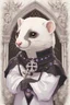 Placeholder: (anthropomorphic white ferret),dressed in ((cleric fantasy)) black clothes with silver holy ornaments, realistic anatomy, holy symbols around, serious face, hold holy cross symbol, tired face, in the style of LOISH, look at the vivewer, cute face, fantasy inspire, fantasy church on background with sunshine, gloomy atmosphere, high angle shot, purple armband